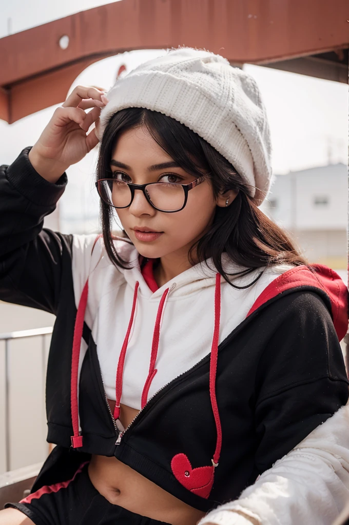 Women , black haired.. Wearing a red hat and headset, wear glasses and wear black shorts, and a black and pink hoodie with cream skin