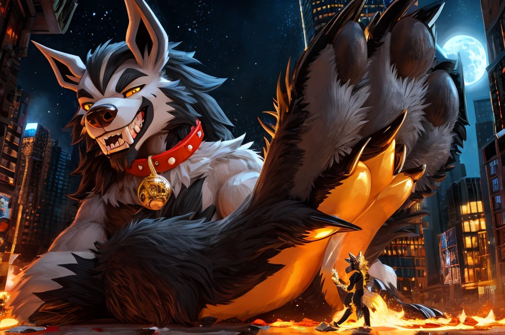 Macro Male Mightyena (pokemon), smug expression, big teeth, high contrast, 8k HD, detailed, hyper-detailed, primary fur Grey, secondary fur Black, yellow eyes, orange spiky collar, best quality, ultra high res, Bully, Teasing, Flirty, Being worshipped, Foot massage