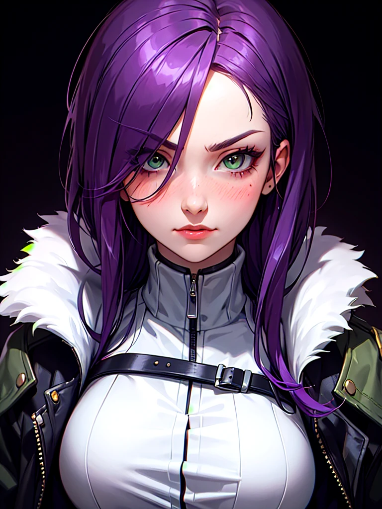 ((Portrait)), She has an Elegant, Purple-Haired Appearance, with Youthful Charm, Fair Skin, and a Muscular Build. She Expresses a Serious and Blushing Look, Giving Off an Introverted Attitude. She has Light Green Eyes, and Her Hair is Short and Neat, Dark Purple, with Strands Falling Over Her Face, Covering Her Eye. She Wears a Large Dark Winter Coat, with Tight-fitting Straps. ((Portrait, HDR, Dark Background))