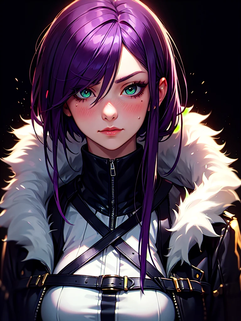 ((Portrait)), She has an Elegant, Purple-Haired Appearance, with Youthful Charm, Fair Skin, and a Muscular Build. She Expresses a Serious and Blushing Look, Giving Off an Introverted Attitude. She has Light Green Eyes, and Her Hair is Short and Neat, Dark Purple, with Strands Falling Over Her Face, Covering Her Eye. She Wears a Large Dark Winter Coat, with Tight-fitting Straps. ((Portrait, HDR, Dark Background))