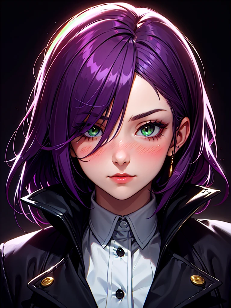 ((Portrait)), She has an Elegant, Purple-Haired Appearance, with Youthful Charm, Fair Skin, and a Muscular Build. She Expresses a Serious and Blushing Look, Giving Off an Introverted Attitude. She has Light Green Eyes, and Her Hair is Short and Neat, Dark Purple, with Strands Falling Over Her Face, Covering Her Eye. She Wears a Large Dark Winter Coat, with Tight-fitting Straps. ((Portrait, HDR, Dark Background))