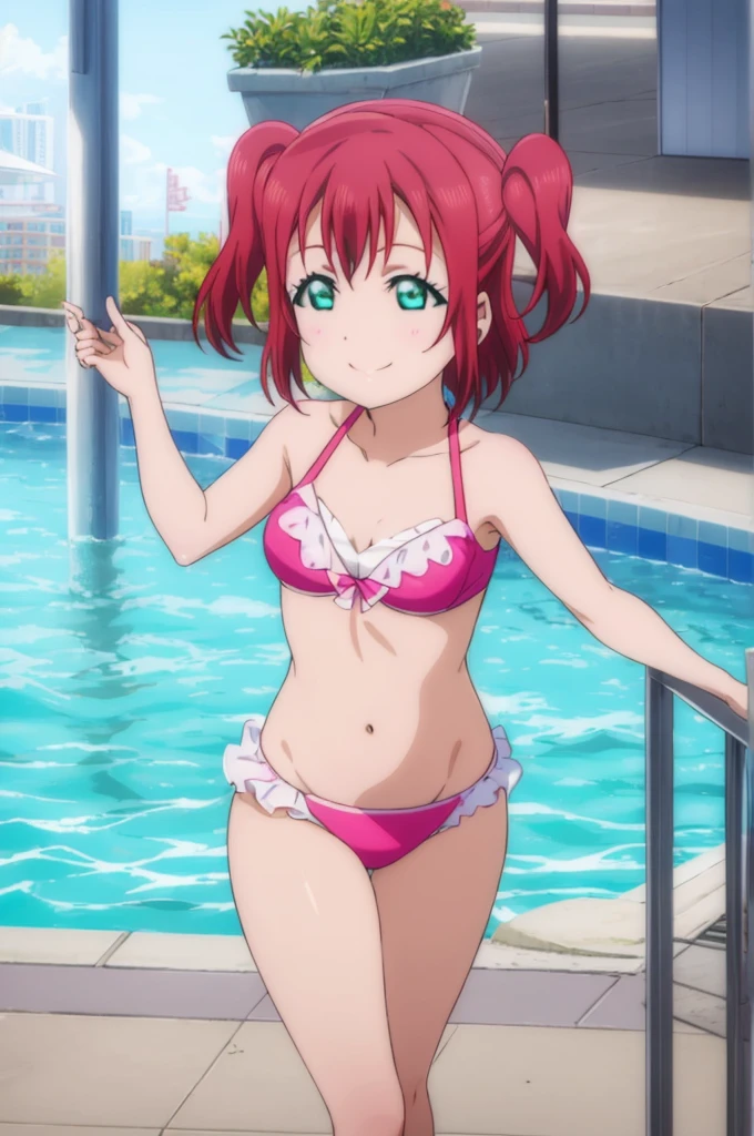 (((pixel-perfect, detail-perfect))), solo, 1girl, ruby kurosawa, smile, pool, bikini, armpit, flat filesize, ultra High Qality