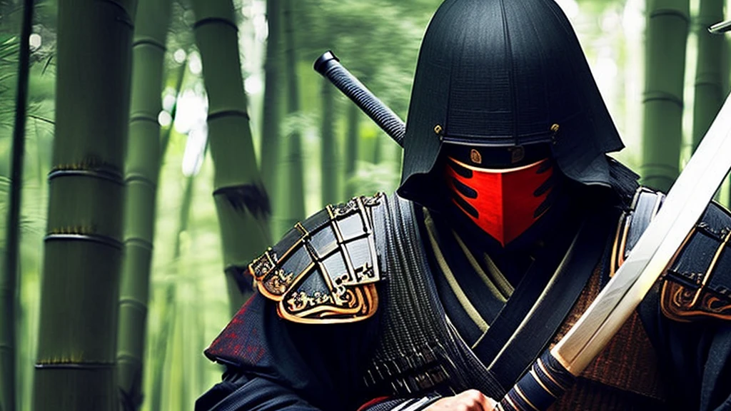 a fierce battle in a bamboo forest, 1 samurai warrior with a katana fighting against 1 ninja, highly detailed face and body, (best quality,4k,8k,highres,masterpiece:1.2),ultra-detailed,(realistic,photorealistic,photo-realistic:1.37),cinematic lighting, dramatic shadows, intricate details, dynamic movement, muted color palette, moody atmosphere, cinematic composition