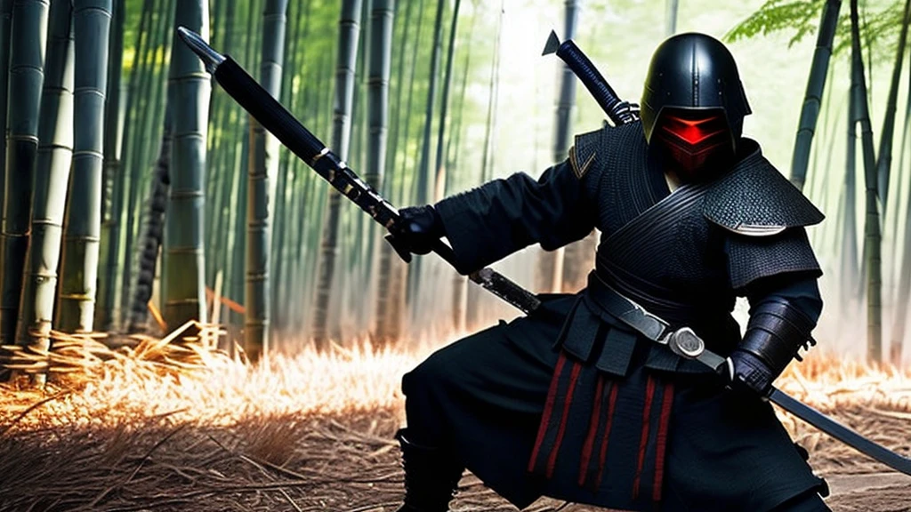 a fierce battle in a bamboo forest, 1 samurai warrior with a katana fighting against 1 ninja, highly detailed face and body, (best quality,4k,8k,highres,masterpiece:1.2),ultra-detailed,(realistic,photorealistic,photo-realistic:1.37),cinematic lighting, dramatic shadows, intricate details, dynamic movement, muted color palette, moody atmosphere, cinematic composition