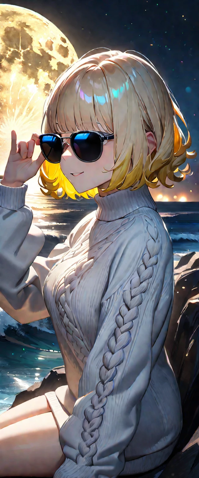 (((A night sky stretching under a full moon, stars shining and reflecting on the sea surface)), ((bare legs)), (((sunglasses, hand to sunglasses))), (((Aran sweater))), from side, upper body, ((sitting on the very high cliff)), ((wavy hair, inward curled hair)), ((sea, beach)), ((blond hair, bob cut:1.3)), breasts, teenager, (looking at viewer), oversized clothes, puffy long sleeves, ((off-shoulder sweater:1.3, Quite thick shoulder straps)), ((black sweater)), collarbone, head tilt:1.3, (((blue eyes))), ((happy smile)), (((anime style))), (best quality, 4K, 8K, highres, masterpiece:1.2, ultra-detailed, ultra-detailed eyes, HDR, uhd, studio lighting, ultra-fine painting, sharp focus, physically-based rendering, extreme detail description, professional, vivid colors, bokeh)