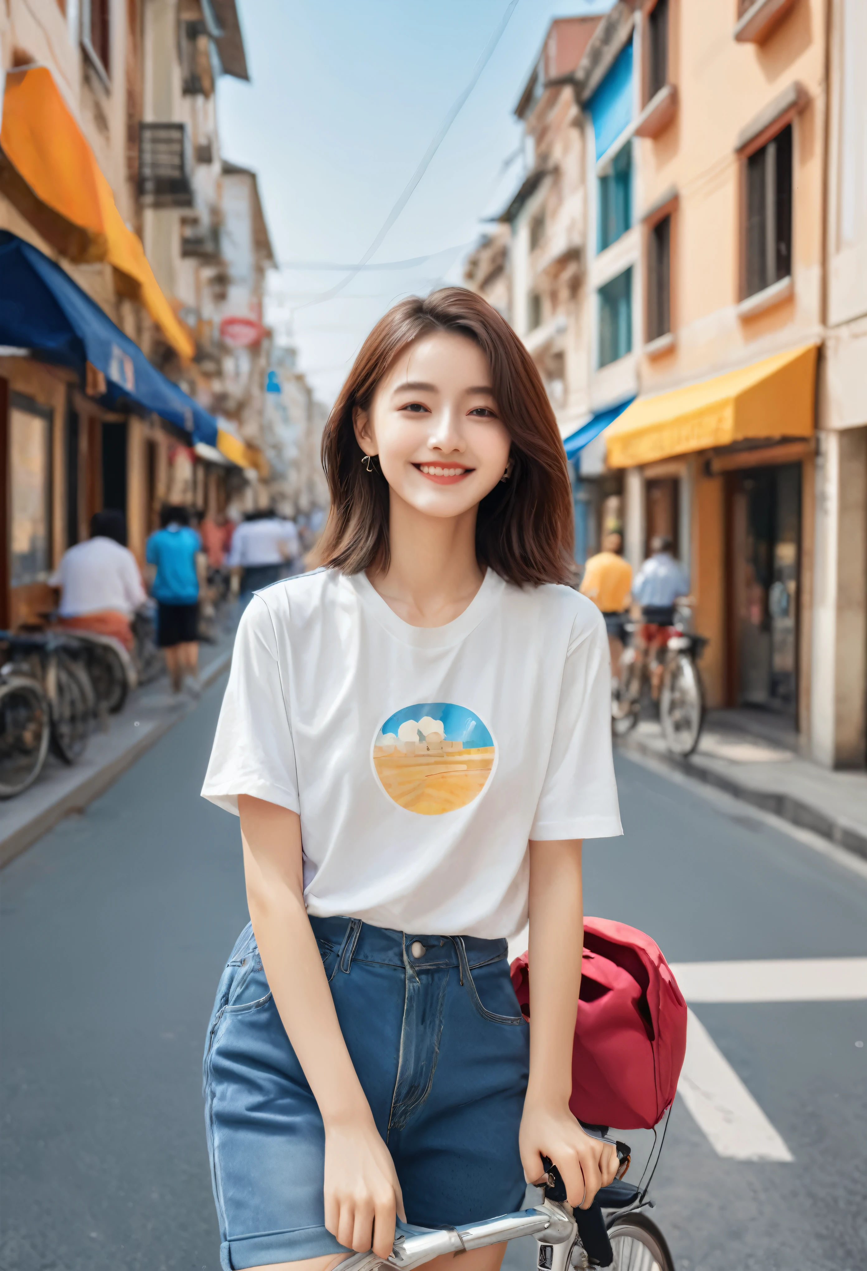(masterpiece:1.5), highest quality, Super detailed, very detailed, exquisite, 16k, Full HD, very aesthetic, absurdres, realistic style, 1girl, high school girl, beautiful, female, 17 years old, shoulder-length brown hair, brown hair, joyful smile, extreme close-up of lips, glossy, slightly parted, trendy casual fashion, denim jacket, white T-shirt, shorts, sneakers, holding smartphone, taking a selfie, busy street with cafes and boutiques, sunny afternoon, bright sunlight on girl's face, soft shadows, people and bicycles in the background, blue sky and tall buildings in the distance, sharp focus on subject, vivid colors, cheerful and lively atmosphere, warm sunlight feel