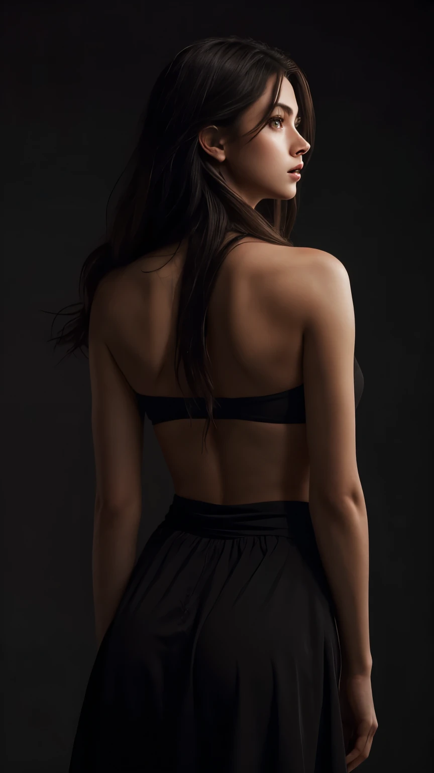 Best quality, masterpiece, ultra high res, (photorealistic:1.4), raw photo, 1girl, waist up, deep shadow, dark theme, cinematic, beautiful girl, beautiful eyes, turned back, long hair