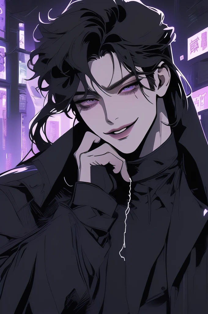 anime man, attractive man with сиреневые глаза while squinting, (adult man), black hair, black loose shirt, (((no decorations on clothes))), beautiful detailed eyes, lilac eyes eyes, squinting, shoulder-length curly hair, (Best quality,4K,8 k,A high resolution,masterpiece:1.2), ultra detailed, dark lighting, A sly smile on his face, ((long hair)), full length