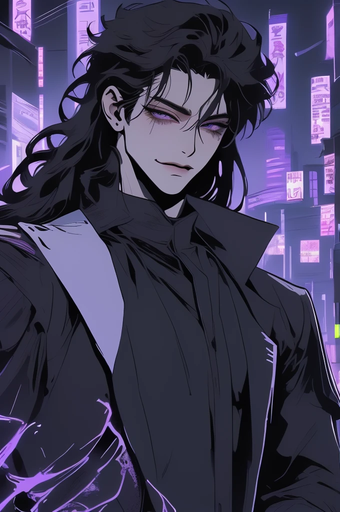 anime man, attractive man with сиреневые глаза while squinting, (adult man), black hair, black loose shirt, (((no decorations on clothes))), beautiful detailed eyes, lilac eyes eyes, squinting, shoulder-length curly hair, (Best quality,4K,8 k,A high resolution,masterpiece:1.2), ultra detailed, dark lighting, A sly smile on his face, ((long hair)), full length