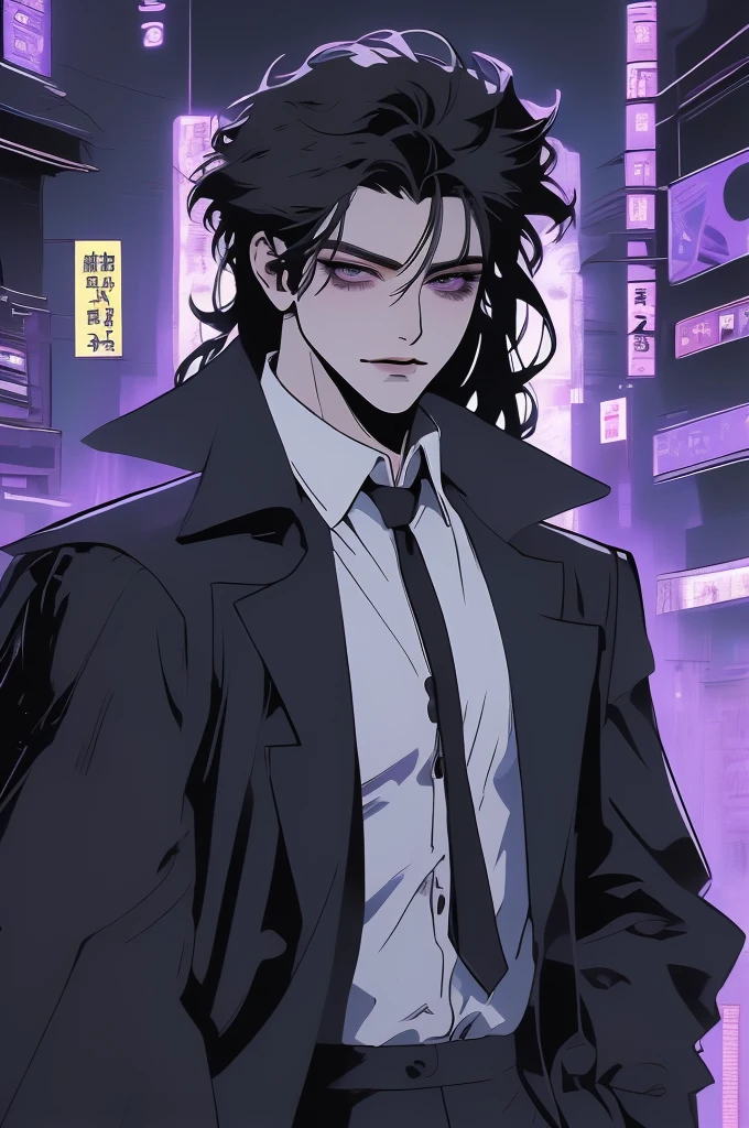 anime man, attractive man with сиреневые глаза while squinting, (adult man), black hair, black loose shirt, (((no decorations on clothes))), beautiful detailed eyes, lilac eyes eyes, squinting, shoulder-length curly hair, (Best quality,4K,8 k,A high resolution,masterpiece:1.2), ultra detailed, dark lighting, A sly smile on his face, ((long hair)), full length