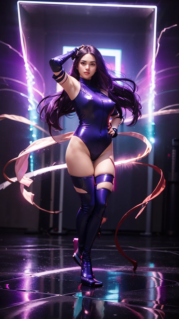 (masterpiece), (best quality), (ultra detailed), (epic lights reflections), glowing, luminous neon lights, 1girl, red eyes, purple hair, full makeups, red lips, fit body hair blown by strong winds, she is Psylocke, hair blown by winds, ((full body)), symmetrical pose, model posing in the middle, 