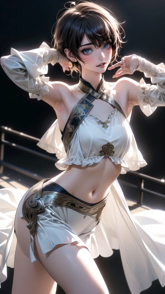 (Thin type),(large breasts),(random dance pose:1.5),(short hair),(Highest image quality,(8K), Ultra-realistic, Best Quality, High quality, High Definition, high quality texture, high detailing, Beautiful detailed, fine detailed, extremely details CG, Detailed texture, realistic representation of face, masterpiece, presence)