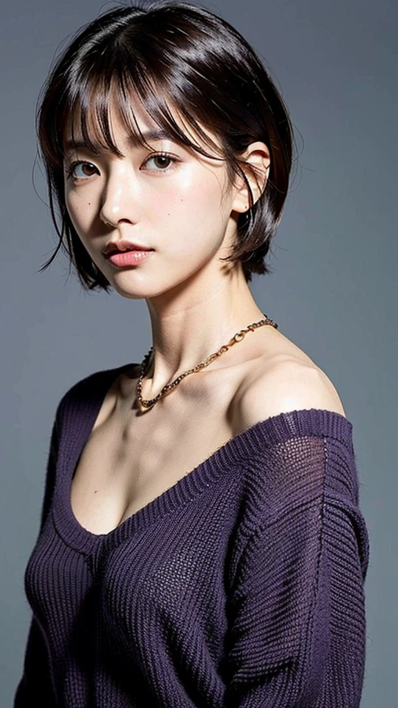 (Highest quality, 8K, 32k, masterpiece, Ultra-high resolution:1.2),Beautiful Japanese Women Photos, Large Breasts, Very short bob hair,Upper Body,Face Focus,Extra Large_sweater, necklace, Simple Background, From above, View your viewers,Purple Hair