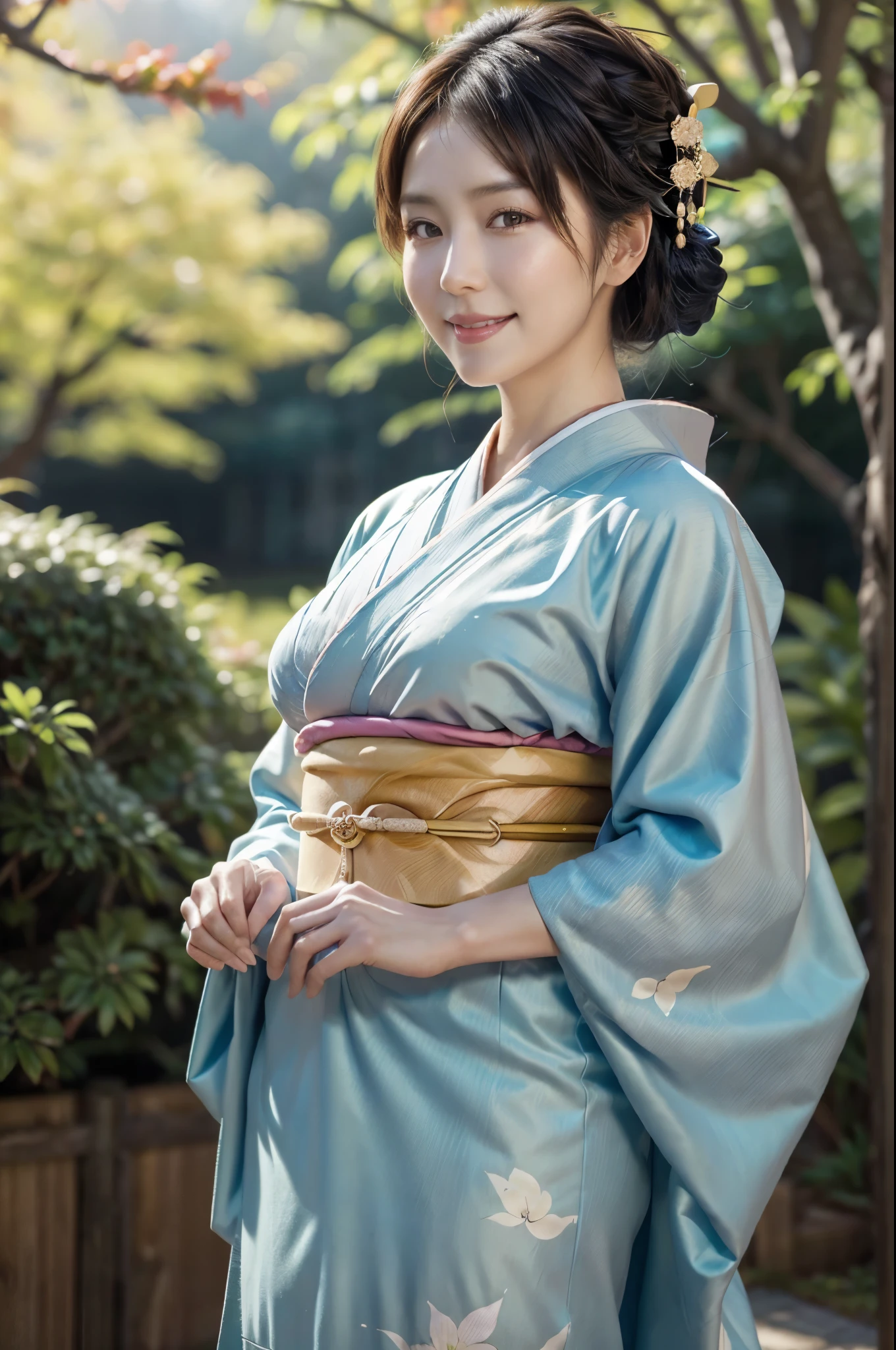 (masterpiece, highest quality, Realistic, High resolution, photograph, :1.3), Sharp focus, 1 Cute Japanese mature woman, 40 years old, Hot Model, gentle face, Highly detailed eyes and pupils, Realistic Skin, ((Voluptuous body)), Neckline, Highly detailed hair, Delicate face, Sensual look, Bright lips, Chubby lips, Natural Lip, big thick thighs, ((kimono:1.5)), ((whole body shot)), looking at viewer, smile, ((from below)), (((Trendy hairstyles:1.2))), ((hair ornament:1.2)), autumn setting, autumn trees and leaves