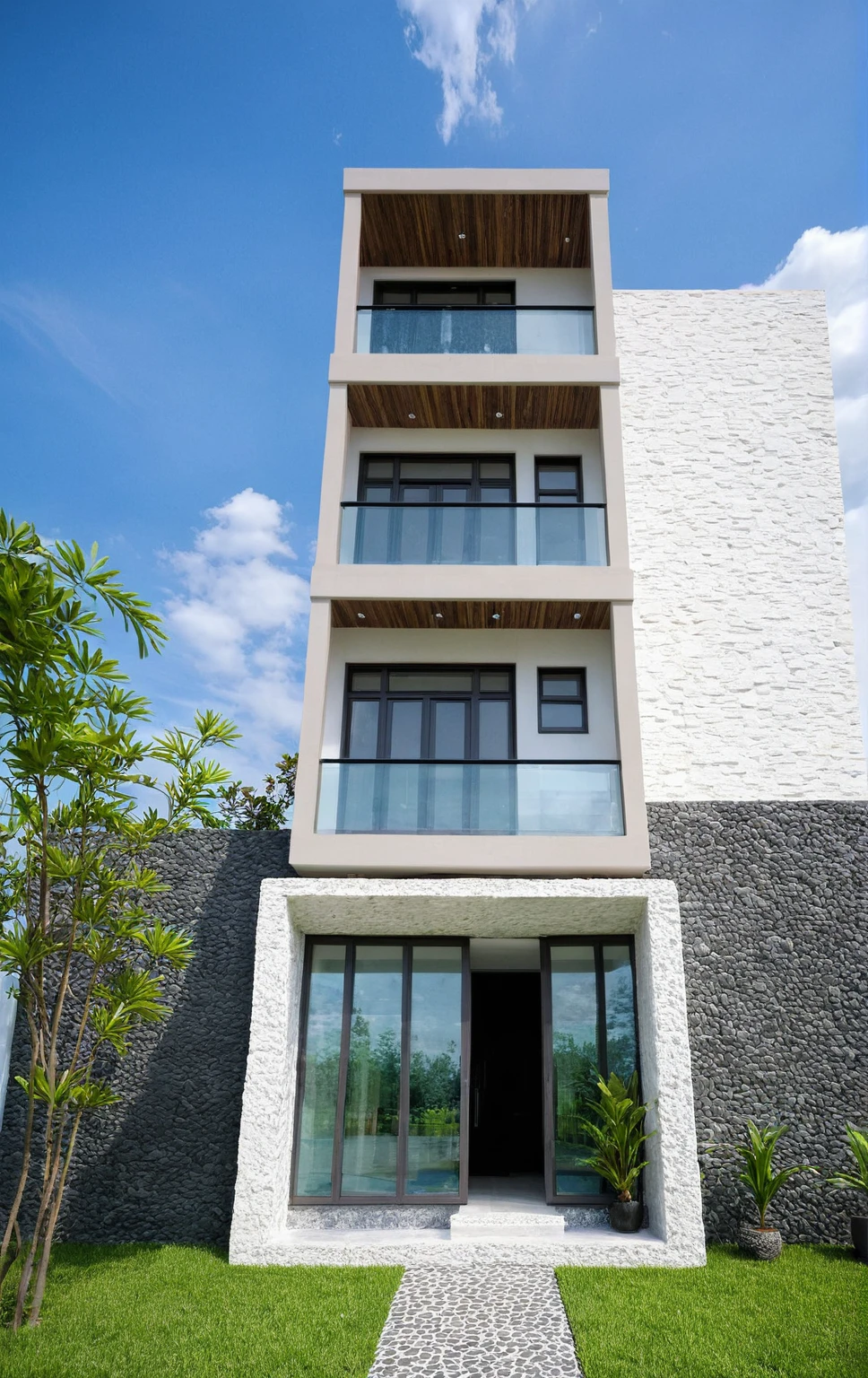 masterpiece, High Quality, best quality, true, super detailed, out side, one-story villa, yay, yaygroup, stone walling, phong cách ngôi nhà hiện đại trên sugar phố, cầu thang, white wall, sugar, pavement, grass, plant, firmament, cloud, (daylight :1.1)