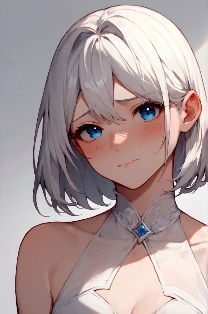 Score_9, score_8_up, score_7_up, anime, white background, 1girl, 18 years old, white hair, shoulder-length hair, blue eyes, embarrassed face, looking at viewer.