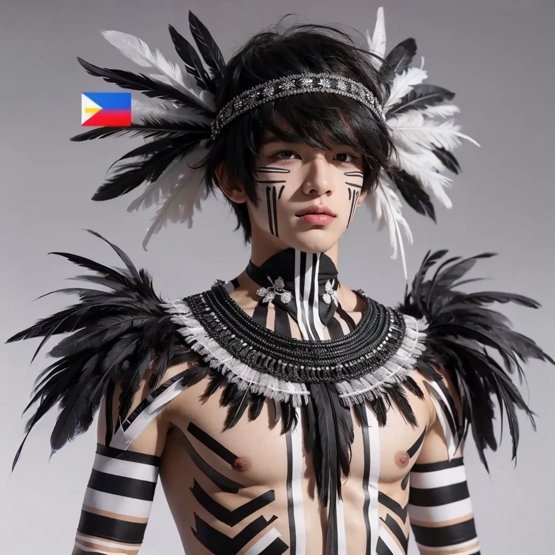 Handsome boy, black hair, brown eyes, wearing black and white feather headdress