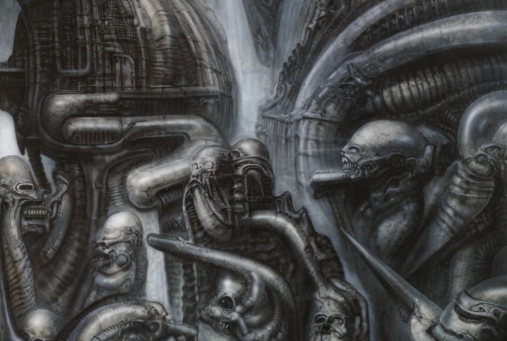 The image is a detailed view of H.R. Giger's biomechanical tableau \" Landscape XVI \" plate, featuring.
(airbrush painting, Giger's alien in front of broken alien ship in landscape, natural light, sharp focus, illustration, highly detailed, digital painting, concept art, matte, art by gric and kozhanov and moebius and Alphonse Mucha, masterpiece, HDR ,UHD , uplight, in HRGigerArhP style);1.
surrealistic painting of a monster with multiple tentacles and a body that looks like a brain, surrounded by a chaotic scene of swirling clouds and other monsters
It's a complex network of bones and organs in eldritch color scheme:a greenish-brown hue ,swirling gery and brown colors. The artwork is silverish and green brown, with an ivory bones prominently displayed. The image is highly detailed and intricate, almost like a 3d version of a medical sketchwork.
The piece is a tableau, most likely created with a India ink pen or pencil on paper, determined by the thin lines, shading techniques, and the texture of the paper, which is visible around the edges.
Used is pen, given the shading and variations in line weight visible in the image. Artist have used a variety of stylus with different degrees of hardness to achieve the shading effects.
The use of undersaturated green-grays dark contrasts creates a stark and graphic look. Is used a variety of linework techniques to create different textures. Fine, parallel lines create a smooth, metallic texture,while thicker, more cursive lines suggest cables or wires.
Light source from the top highlights skeletals, pper part of foreground, lower part of image is in shadowupper part of foreground, lower part of image is in shadow.
The art performance showcases the artist’s skills in observation and rendering. The level of detail in the piece suggests a close study of real bone specimens and mechanics. The artist has skillfully used shading techniques to create a convincing illusion of three-dimensionality on a flat surface. The wrinkles