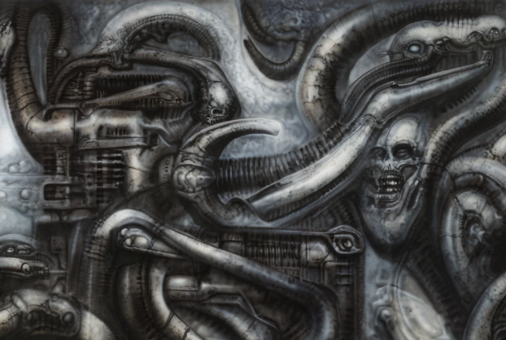 The image is a detailed view of H.R. Giger's biomechanical tableau \" Landscape XVI \" plate, featuring.
(airbrush painting, Giger's alien in front of broken alien ship in landscape, natural light, sharp focus, illustration, highly detailed, digital painting, concept art, matte, art by gric and kozhanov and moebius and Alphonse Mucha, masterpiece, HDR ,UHD , uplight, in HRGigerArhP style);1.
surrealistic painting of a monster with multiple tentacles and a body that looks like a brain, surrounded by a chaotic scene of swirling clouds and other monsters
It's a complex network of bones and organs in eldritch color scheme:a greenish-brown hue ,swirling gery and brown colors. The artwork is silverish and green brown, with an ivory bones prominently displayed. The image is highly detailed and intricate, almost like a 3d version of a medical sketchwork.
The piece is a tableau, most likely created with a India ink pen or pencil on paper, determined by the thin lines, shading techniques, and the texture of the paper, which is visible around the edges.
Used is pen, given the shading and variations in line weight visible in the image. Artist have used a variety of stylus with different degrees of hardness to achieve the shading effects.
The use of undersaturated green-grays dark contrasts creates a stark and graphic look. Is used a variety of linework techniques to create different textures. Fine, parallel lines create a smooth, metallic texture,while thicker, more cursive lines suggest cables or wires.
Light source from the top highlights skeletals, pper part of foreground, lower part of image is in shadowupper part of foreground, lower part of image is in shadow.
The art performance showcases the artist’s skills in observation and rendering. The level of detail in the piece suggests a close study of real bone specimens and mechanics. The artist has skillfully used shading techniques to create a convincing illusion of three-dimensionality on a flat surface. The wrinkles