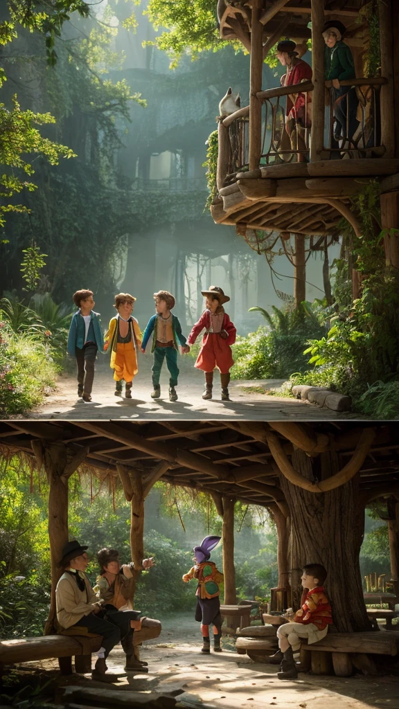 
“Create an image of the Lost Boys, the group of characters from Disney’s Peter Pan. The Lost Boys should be depicted as a group of young boys, each wearing distinct animal-themed costumes such as bears, foxes, rabbits, and raccoons. They should be shown in an adventurous and whimsical setting, like the forest or treehouses of Neverland. The scene should capture their playful and mischievous nature, highlighting their camaraderie and sense of adventure.”
