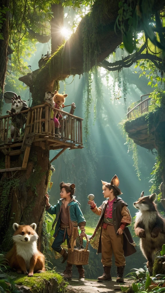 “Create an image of the Lost Boys, the group of characters from Disney’s Peter Pan. The Lost Boys should be depicted as a group of young boys, each wearing distinct animal-themed costumes such as bears, foxes, rabbits, and raccoons. They should be shown in an adventurous and whimsical setting, like the forest or treehouses of Neverland. The scene should capture their playful and mischievous nature, highlighting their camaraderie and sense of adventure.”