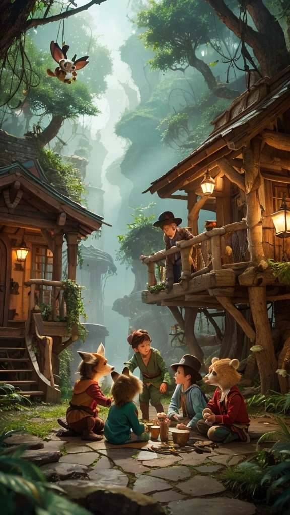 
“Create an image of the Lost Boys, the group of characters from Disney’s Peter Pan. The Lost Boys should be depicted as a group of young boys, each wearing distinct animal-themed costumes such as bears, foxes, rabbits, and raccoons. They should be shown in an adventurous and whimsical setting, like the forest or treehouses of Neverland. The scene should capture their playful and mischievous nature, highlighting their camaraderie and sense of adventure.”