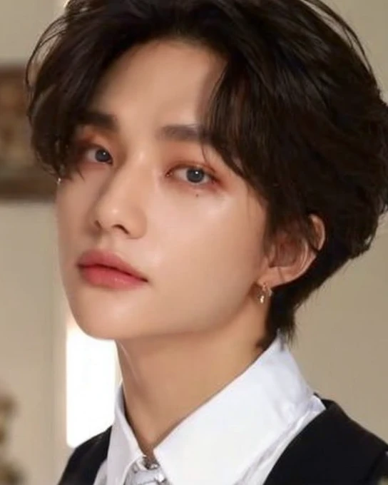 HYUNJIN HWANG, black wavy hair, highlighted cheekbones, thick lips, iris grises, slanted eyes. 