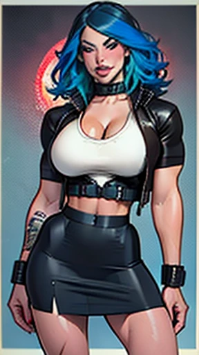 Realistic, 1girl, curvaceous, blue hair, red eyes, glowing eyes, cropped top, plunging neckline, high waisted skirt, with side slit, ripped clothing, parted lips, irezumi tattoos, blush, flashing her breasts, night, flowers, sunset, sunlight, big breasts, thick muscular legs, Azur route Saint Luce, in the style of vintage pinup posters