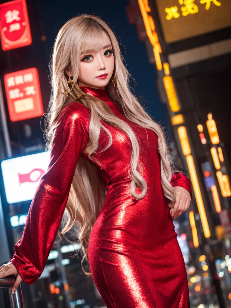 masterpiece, UHD, textured skin, Highest quality, super detail, highres, Surrealism,one girl,japanese,long hair,gold hair, In the neon city,wear a red dress,whole body