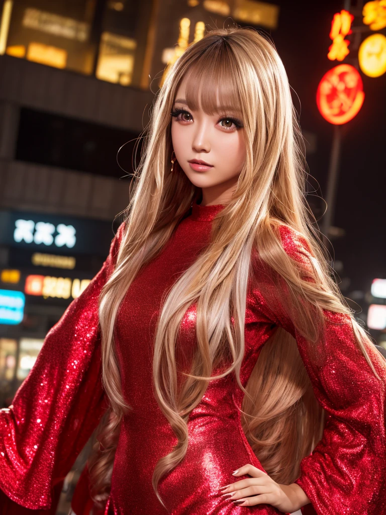masterpiece, UHD, textured skin, Highest quality, super detail, highres, Surrealism,one girl,japanese,long hair,gold hair, In the neon city,wear a red dress,whole body