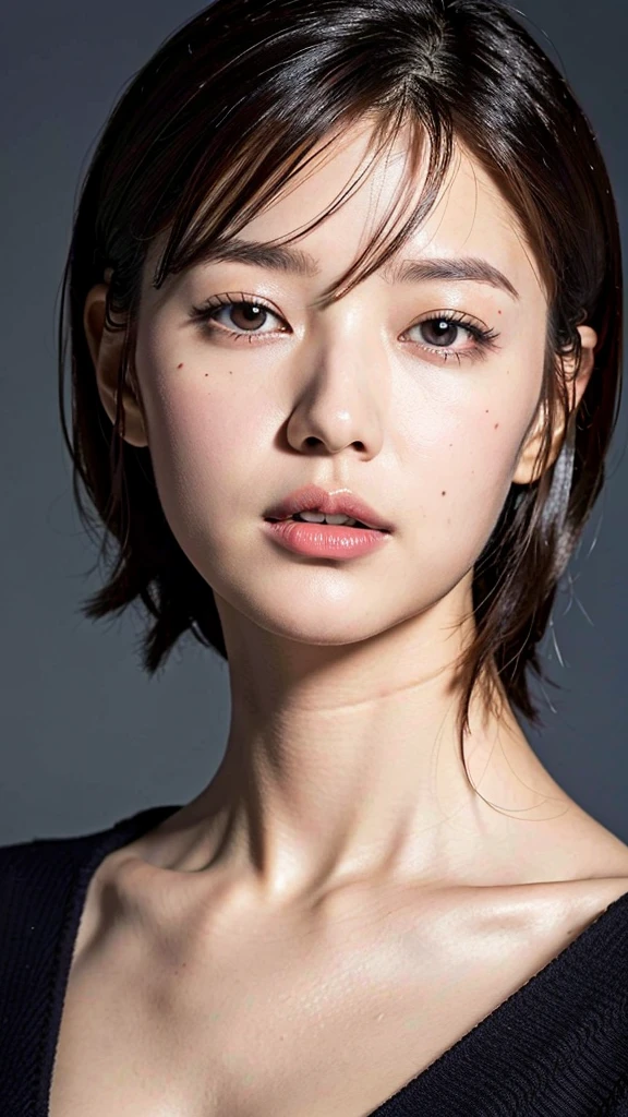 (Highest quality, 8K, 32k, masterpiece, Ultra-high resolution:1.2),Beautiful Japanese Women Photos, Large Breasts, Very short bob hair,Upper Body,Face Focus,Extra Large_sweater, necklace, Simple Background, From above, View your viewers,Purple Hair