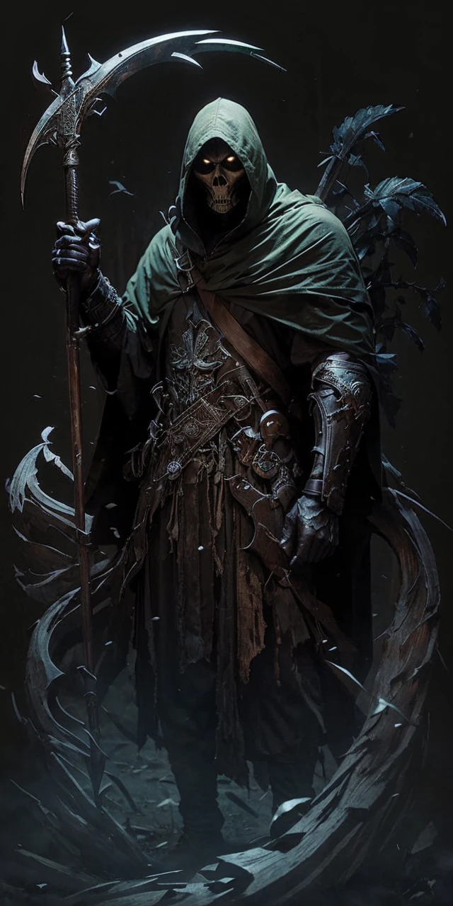 Reaper, holding sickle, green coat, wooden horns[ background(forest)]