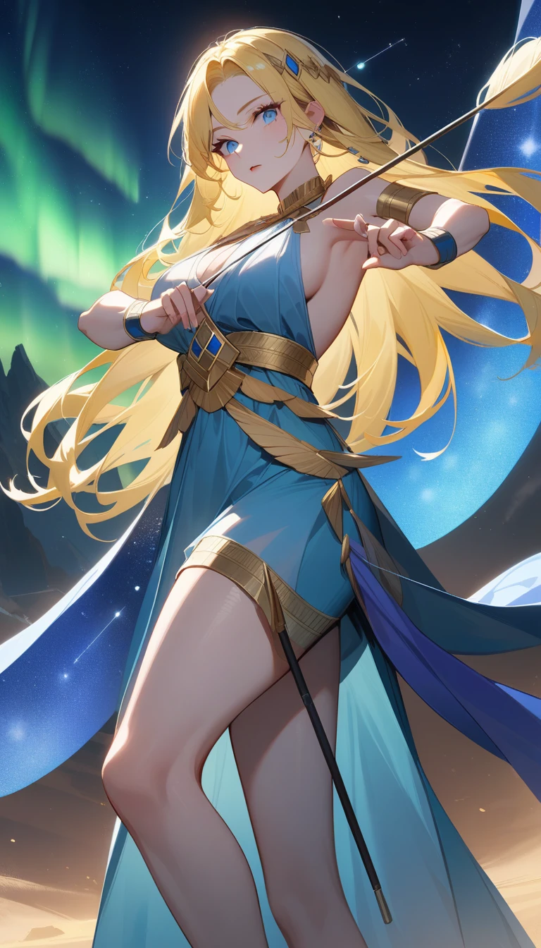 (Huang Li、high quality、Extremely detailed),Constellation-Sagittarius Goddess,Huge bow,Woman shooting arrows,Similar to Latin goodness,brave,capricious,Productivity,The face of enterprising and humanitarianism,Long yellow hair,Ancient Greek costumes、Wrap Dress,Conservative clothing,The background is the aurora,Crystal blue eyes(Eyes Details),Powerful appearance, Correct anatomy