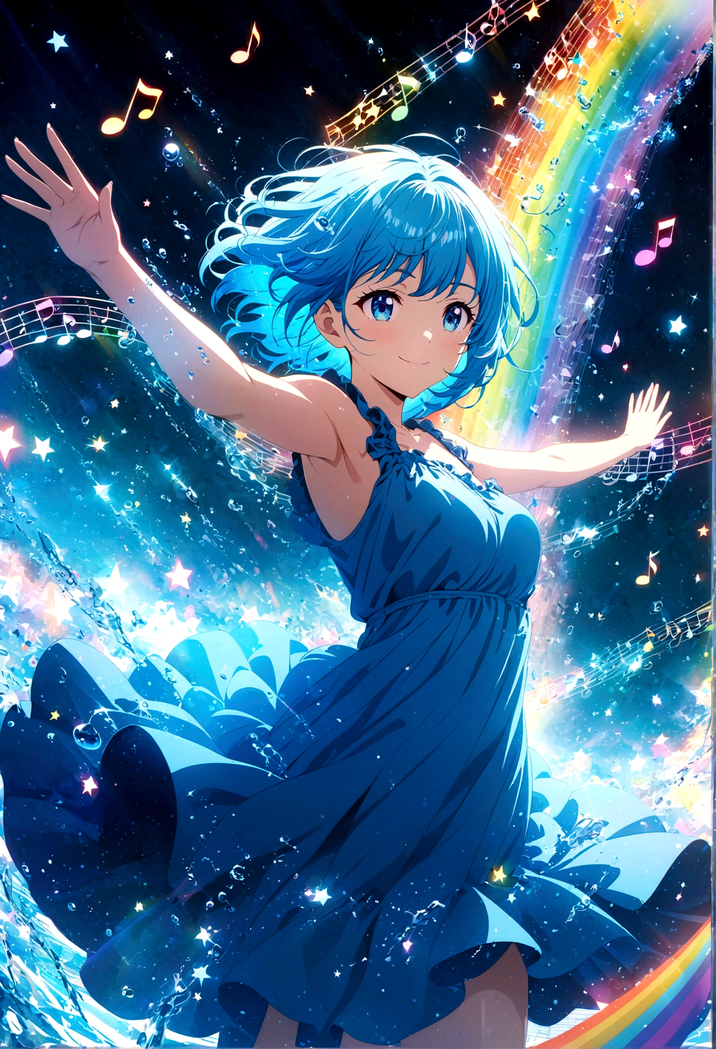 Anime style, ultra-detailed, 8K CG, blue-haired girl, smile, blue world, mysterious blue objects floating, star, (musical note), rainbow, blue dress, reflection, rainbow-colored water dancing around her. Rotating rainbow-colored water.