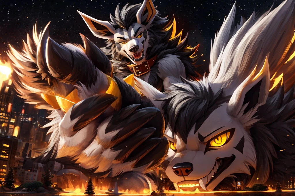 Macro Male Mightyena (pokemon), smug expression, big teeth, high contrast, 8k HD, detailed, hyper-detailed, primary fur Grey, secondary fur Black, yellow eyes, orange spiky collar, best quality, ultra high res, Bully, Teasing, Flirty, Being worshipped, Foot worship