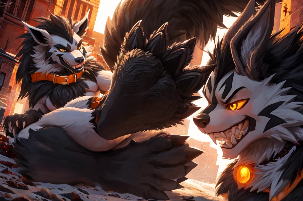 Macro Male Mightyena (pokemon), smug expression, big teeth, high contrast, 8k HD, detailed, hyper-detailed, primary fur Grey, secondary fur Black, yellow eyes, orange spiky collar, best quality, ultra high res, Bully, Teasing, Flirty, Being worshipped, Foot worship