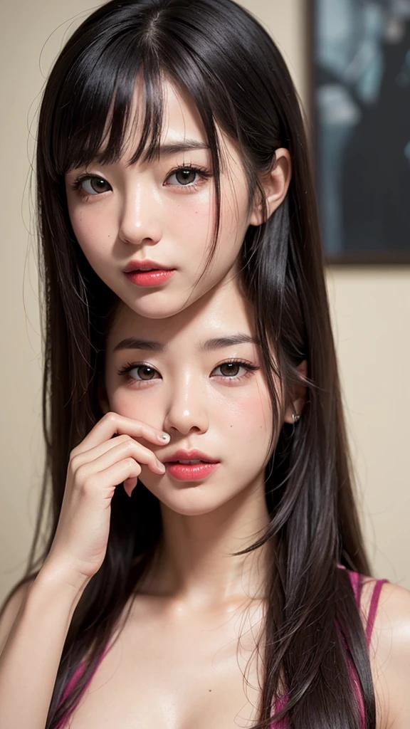 Bright expression、Photorealistic Stick:1.32、Highest quality、Ultra-high resolution、One girl、Photos of the most beautiful Japan girls、Cute and beautiful facial details、Small face、美しいbangs、29-year-old、Glowing White Skin、Hair gets tangled in the face、顔まで伸びるbangs、bangs、Hair between the eyes、腰までのびるLong Hair、Natural five-finger、Silky hair of attractive black color、Bright room、Her clear black eyes shine charmingly.、Super big breasts、Put your hands on your face、Pink puckered lipstick、Light pink eyeshadow、Pink blush、Blue skin tone、Landmine Makeup、Beautiful bunch of eyelashes、Highest quality、((Cute gravure idol girl))、29-year-oldの女性、I'm in a room with a beautiful view、((Wearing feminine clothes、:1.3))、(Long Hair:1.4)、(Nice and cute、Sexy expression、Wavy long hair、Tight waist、Beautiful eyes in every detail、