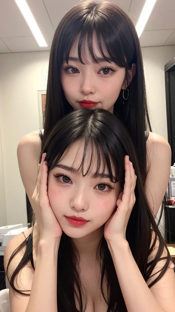 Bright expression、Photorealistic Stick:1.32、Highest quality、Ultra-high resolution、One girl、Photos of the most beautiful Japan girls、Cute and beautiful facial details、Small face、美しいbangs、29-year-old、Glowing White Skin、Hair gets tangled in the face、顔まで伸びるbangs、bangs、Hair between the eyes、腰までのびるLong Hair、Natural five-finger、Silky hair of attractive black color、Bright room、Her clear black eyes shine charmingly.、Super big breasts、Put your hands on your face、Pink puckered lipstick、Light pink eyeshadow、Pink blush、Blue skin tone、Landmine Makeup、Beautiful bunch of eyelashes、Highest quality、((Cute gravure idol girl))、29-year-oldの女性、I'm in a room with a beautiful view、((Wearing feminine clothes、:1.3))、(Long Hair:1.4)、(Nice and cute、Sexy expression、Wavy long hair、Tight waist、Beautiful eyes in every detail、