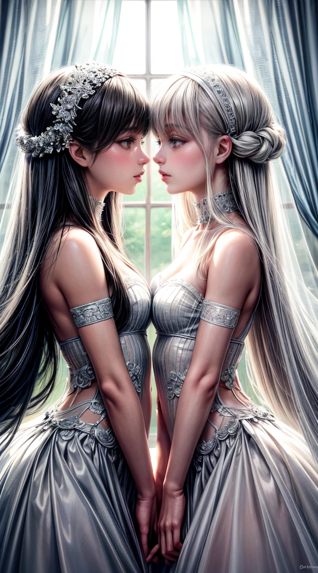 a pair of identical twin girls, face to face, full body, beautiful detailed eyes, beautiful detailed lips, extremely detailed eyes and face, long eyelashes, ethereal, mystical, soft lighting, cinematic composition, serene, peaceful, flawless skin, porcelain skin, detailed clothing, flowing dress, ambient lighting, pastel colors, dreamlike, fantasy