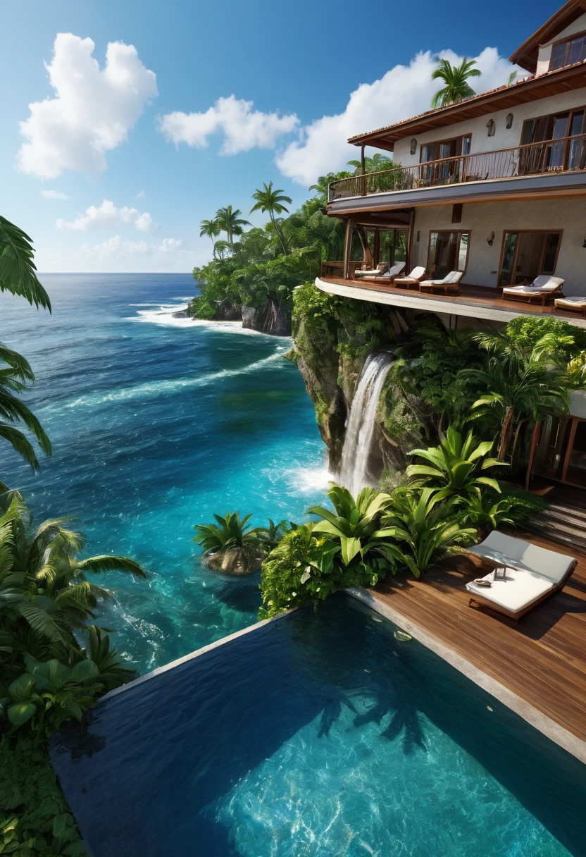 a view of a house with a pool and a waterfall, a digital rendering by Seb McKinnon, cg society contest winner, fine art, incredibly beautiful, very close to real nature, beautiful place, built around ocean, next to a tropical pool, dream pool, luxury lifestyle, incredible masterpiece, stunning view, paradise in the background, epic and stunning, wonderful masterpiece