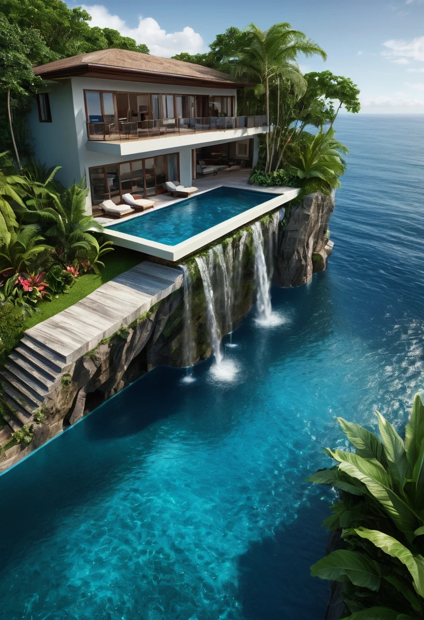 a view of a house with a pool and a waterfall, a digital rendering by Seb McKinnon, cg society contest winner, fine art, incredibly beautiful, very close to real nature, beautiful place, built around ocean, next to a tropical pool, dream pool, luxury lifestyle, incredible masterpiece, stunning view, paradise in the background, epic and stunning, wonderful masterpiece