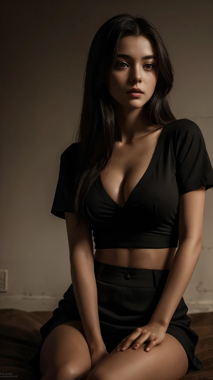 Best quality, masterpiece, ultra high res, (photorealistic:1.4), raw photo, 1girl, waist up, deep shadow, dark theme, cinematic, beautiful girl, beautiful eyes, sitting, long hair