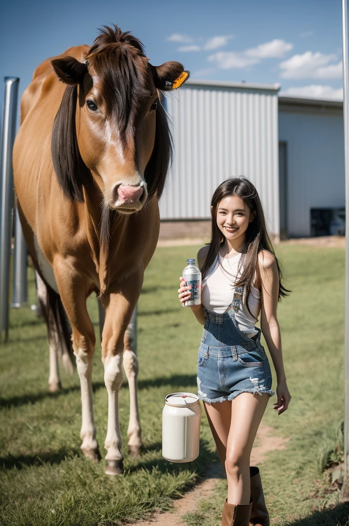 American woman teenage, brown long hair, smile, wear Shorts denim overalls Sleeveless, sleeveless. denim short, brown boots, in cow farm, with Stainless Steel Milk Can 20 Liter, before sunset , 6 P.M.