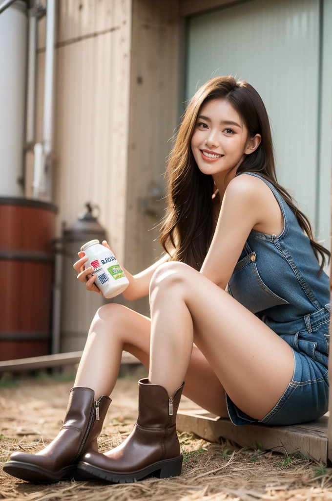 American woman age, brown long hair, smile, wear Shorts denim overalls Sleeveless, sleeveless. denim short, brown boots, in cow farm, with Stainless Steel Milk Can 20 Liter, before sunset , 6 P.M.