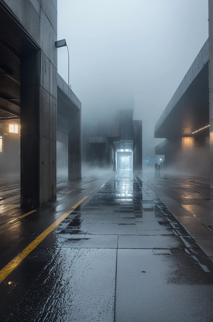 ((best quality)), ((wet asphalt)), (detailed), ((A brutalist construction)) ((with a fog)) ((low lighting with a bluish tone))  ((wet floor reflecting light )) ((liminal spaces)) ((wide and infinite)) ((afternoon but not so bright)) 
((ultra realisitic)) ((outside)) ((entrance ampla mas não tão grande)) ((light posts)) ((entrance))