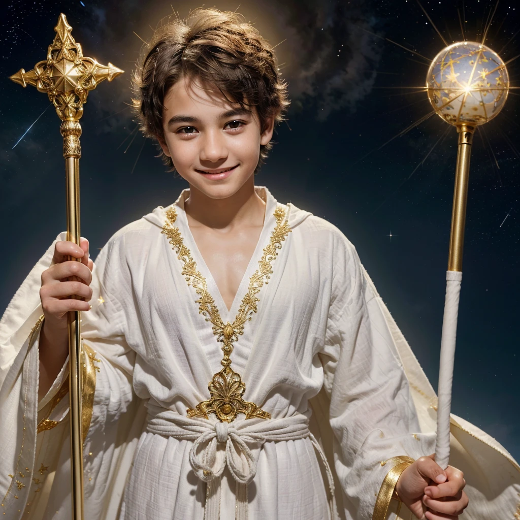 A young boy with a sweet smile, dressed in a flowing white robe with intricate golden adornment, holding a staff with a glowing orb at the top. His eyes shine with kindness and wisdom. The background is a soft, hazy blue, with clouds and a few stars twinkling in the distance.