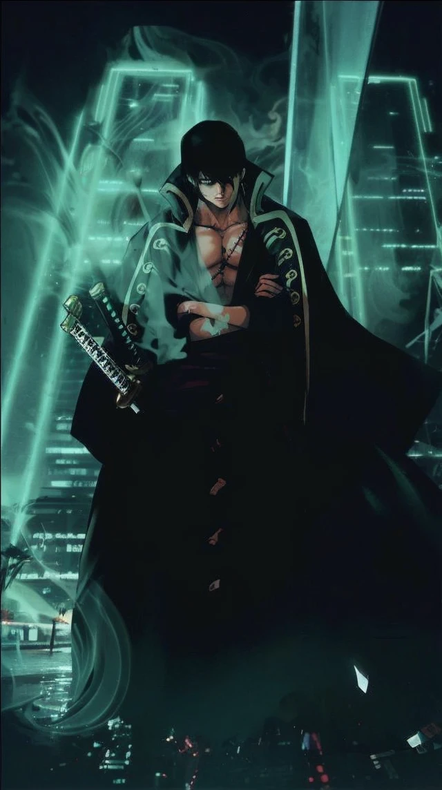 Create a character with long hair, from the back with a large black cape A katana on fire Eyes coming out of rays Black clothing with red stripes A scar on the arm A somewhat muscular body Acting like a swordsman In a destroyed city