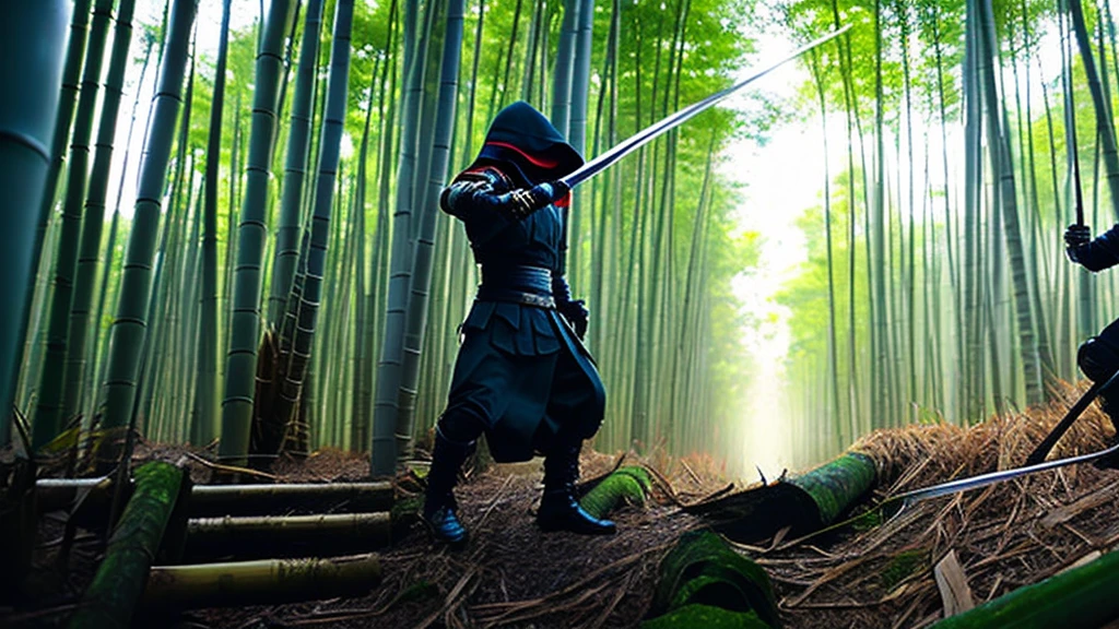 a fierce battle in a bamboo forest, カンフーマスター fighting against 3 ninja, highly detailed face and body, (best quality,4k,8k,highres,masterpiece:1.2),ultra-detailed,(realistic,photorealistic,photo-realistic:1.37),cinematic lighting, dramatic shadows, intricate details, dynamic movement, muted color palette, moody atmosphere, cinematic composition