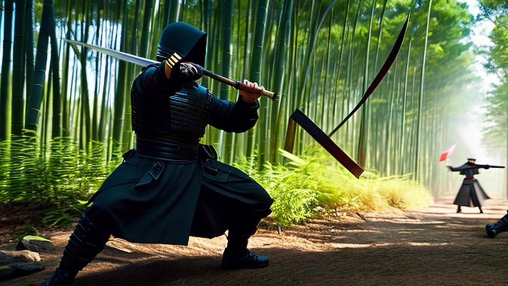 a fierce battle in a bamboo forest, カンフーマスター fighting against 3 ninja, highly detailed face and body, (best quality,4k,8k,highres,masterpiece:1.2),ultra-detailed,(realistic,photorealistic,photo-realistic:1.37),cinematic lighting, dramatic shadows, intricate details, dynamic movement, muted color palette, moody atmosphere, cinematic composition