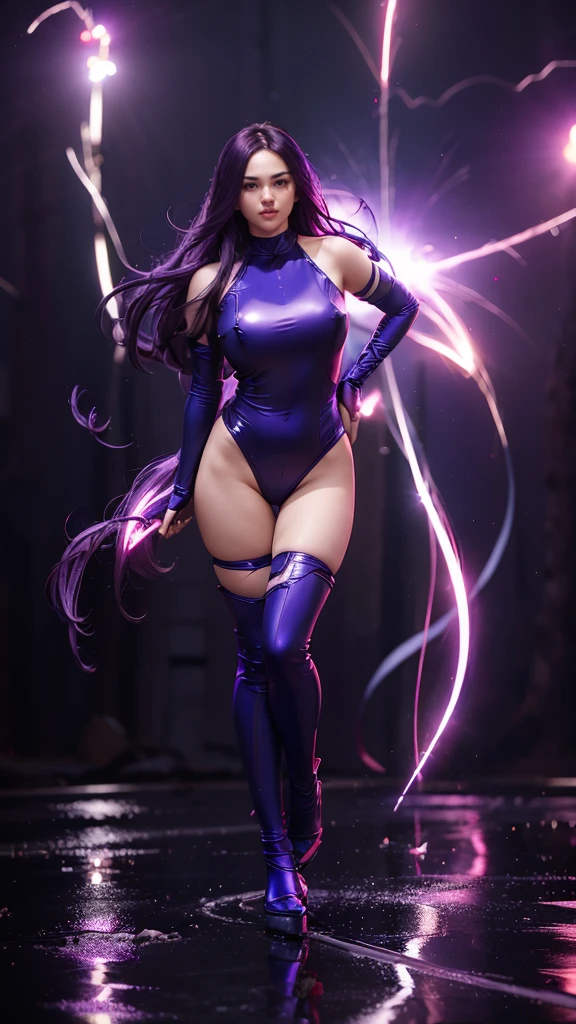 (masterpiece), (best quality), (ultra detailed), (epic lights reflections), glowing, luminous neon lights, 1girl, red eyes, purple hair, full makeups, red lips, fit body hair blown by strong winds, she is Psylocke, hair blown by winds, ((full body)), symmetrical pose, model posing in the middle, 